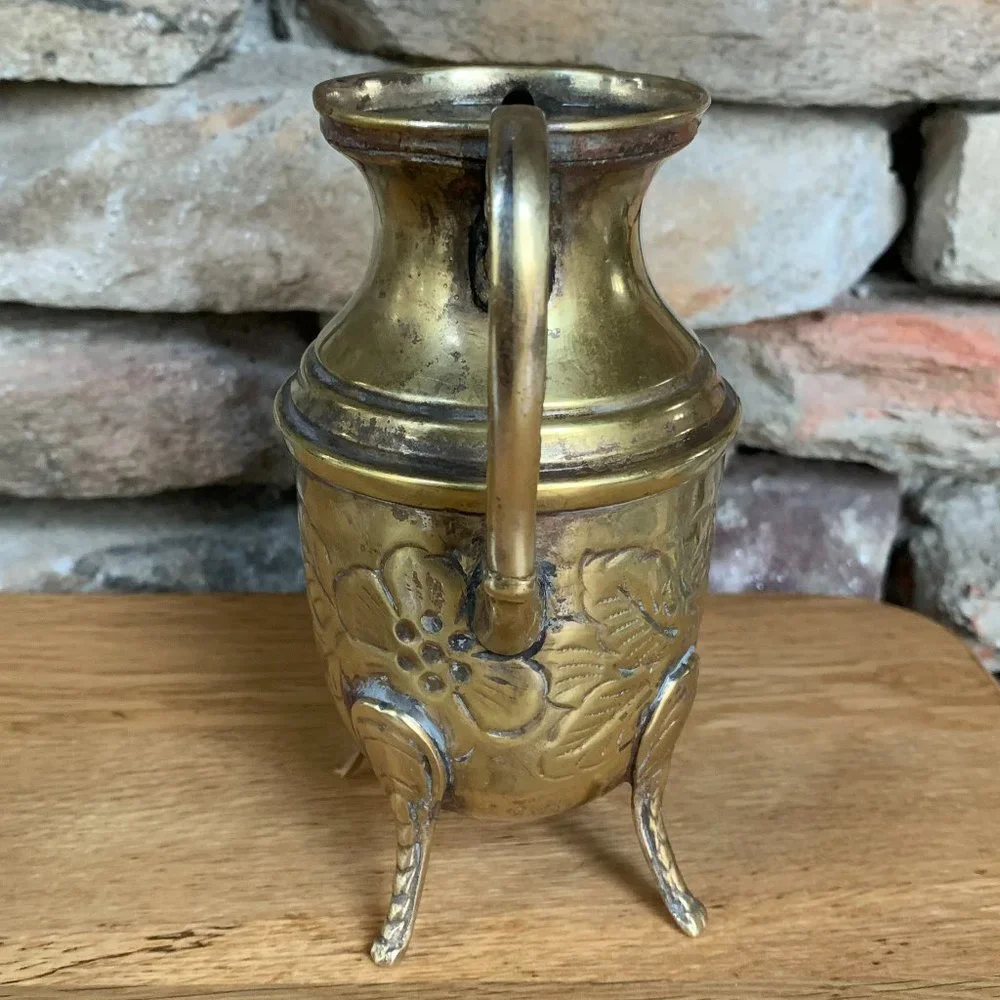 VTG Brass Etched Pitcher Pedestal Legs Floral Boho Decor India - Picture 2 of 8